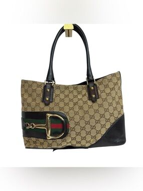 Gucci Beige GG Canvas Tote with Black Trim and Green-Red Stripe